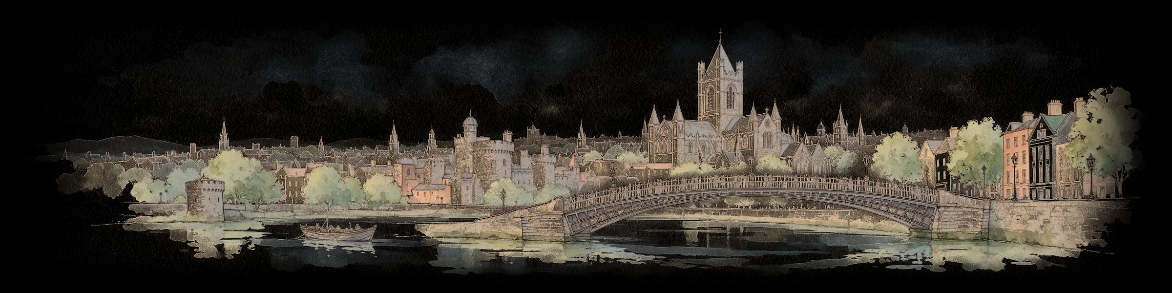 Watercolour of Dublin along the Liffey, with the Ha'penny Bridge, Dublin Castle and Christ Church Cathedral